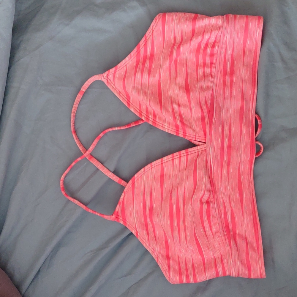Athleta strappy bikini top. Size Large. Bright coral and white stripe pattern